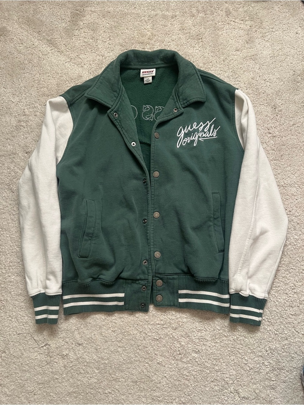 Guess Green and White Script Varsity Jacket